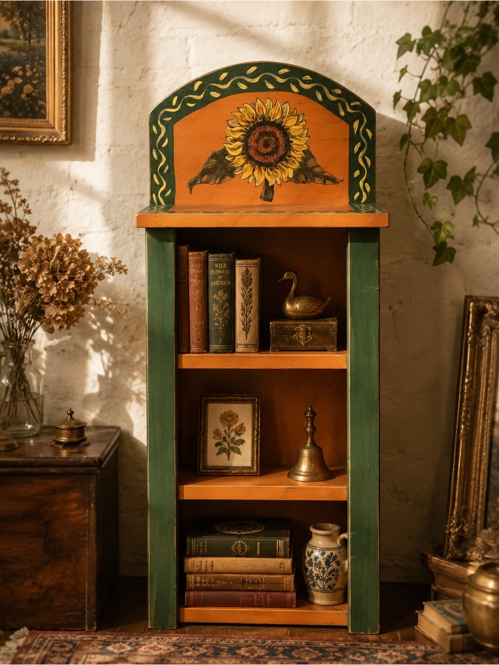 Vintage Hand-Painted Sunflower Wooden Shelf